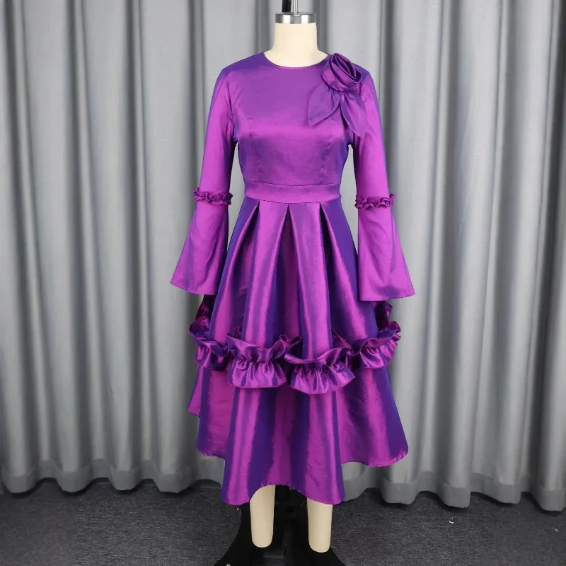 

Elegant Purple plus Size African Dress Long Sleeve O-neck Midi Gown for Women Spring Summer Party Evening Outfit