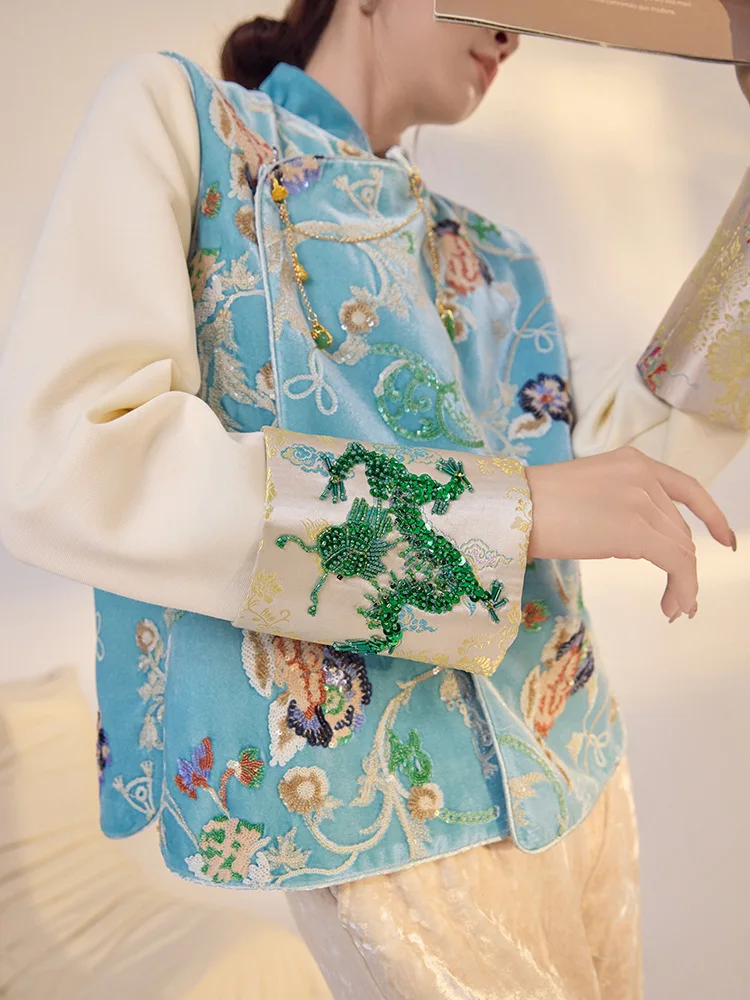 Chinese Style Satin Flower Embroidery Sequin Vest Loose Fit Top for Women Retro Ethnic Short Style Top