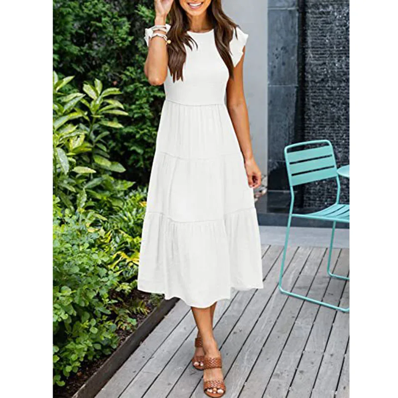 Elegant Flying Sleeve Women Long Dress Summer New Patchwork Party Round Neck A-Line Dresses Female Boho Holiday Beach Sundress