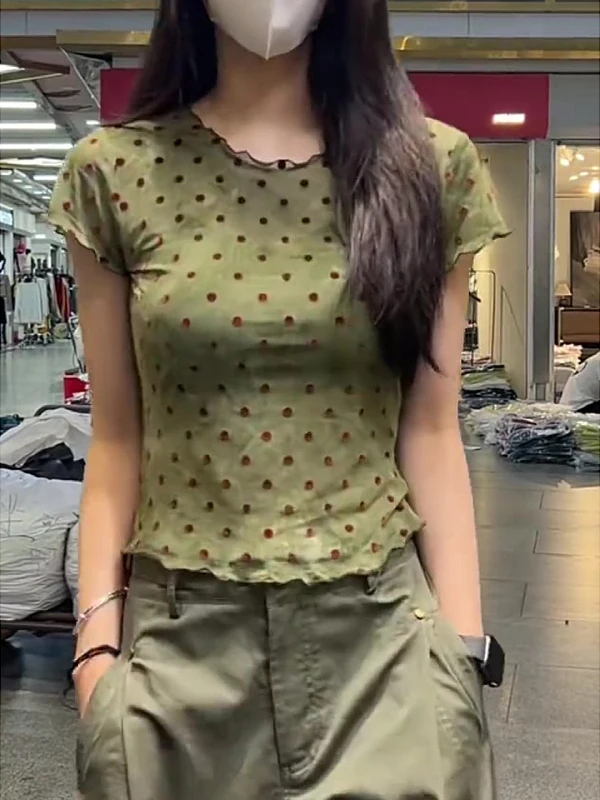 

Женская футболка больших размеров в американском ретро-стиле в горошек с коротким рукавом, приталенная, летняя, утягивающая, с завышенной талией, для повседневной носки