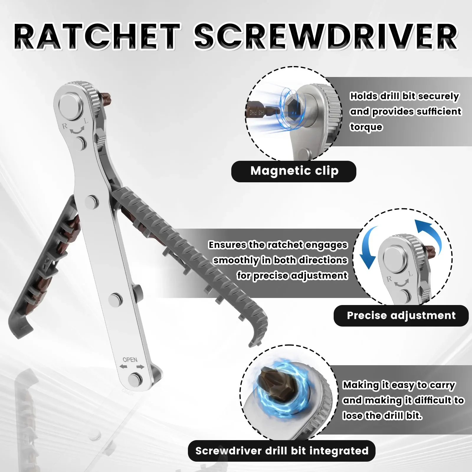 Bidirectional Ratchet Screwdriver with 4 Drill Bit Multifunctional Mini Ratchet Wrench Portable Ratchet Screwdriver Hand Tool