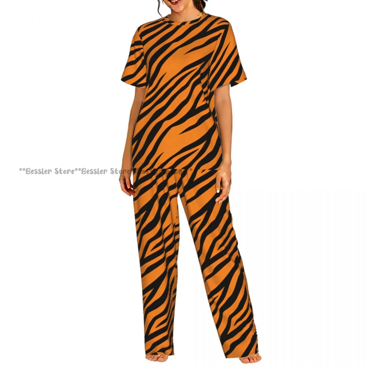 

Women Pajama Sets Lounge Sleepwear Tiger Stripes Texture Short Sleeve Nightwear