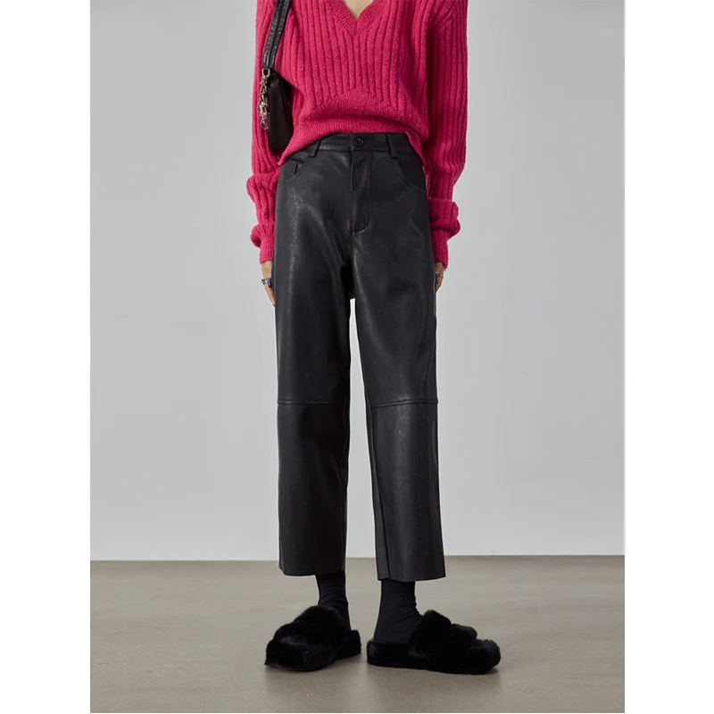 

Spring 2025 Women's High Waist Straight Leg eepskin Leather Pants Casual Loose Fit Nine Point Slimming Leather Trousers