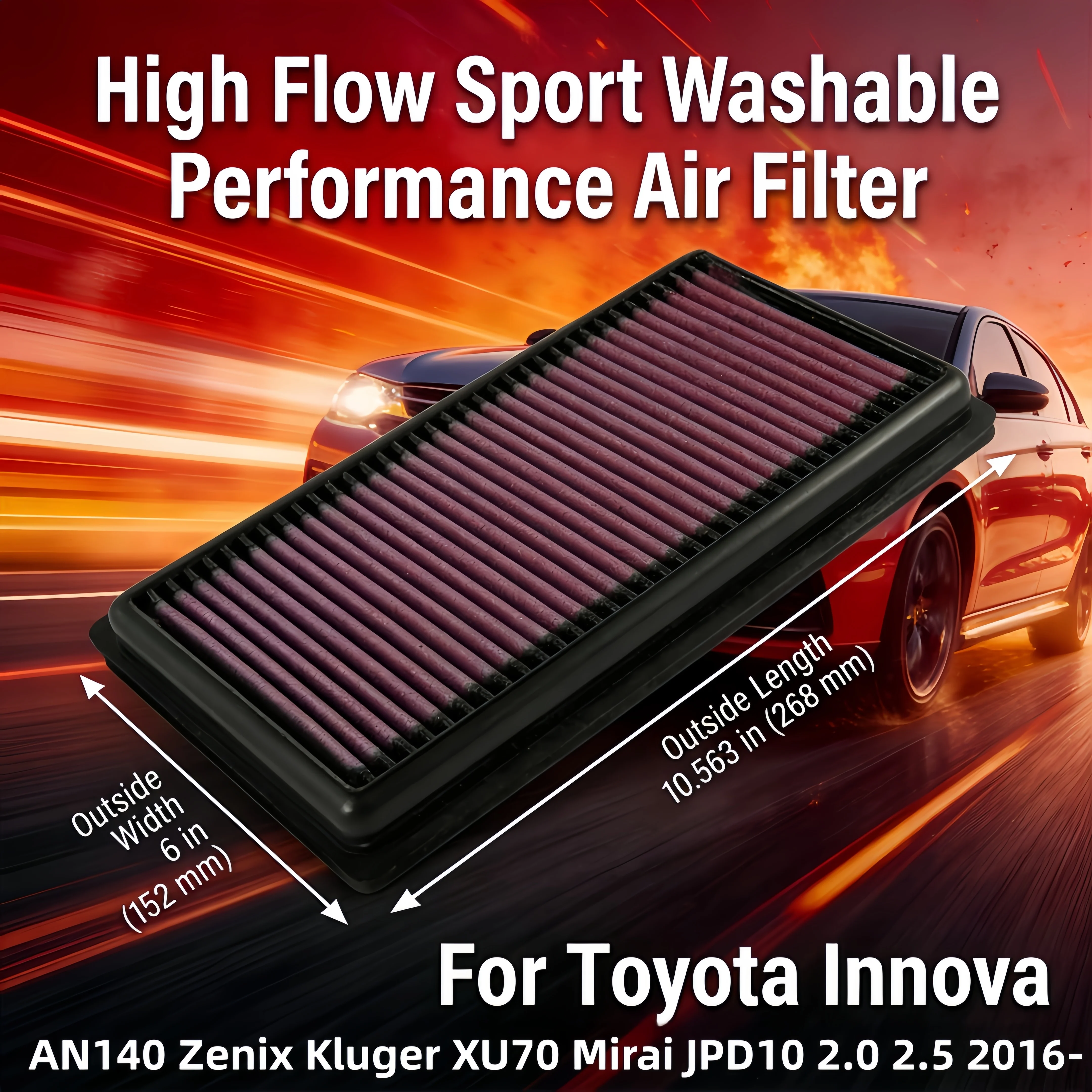 

Для Toyota Innova AN140, Zenix, Kluger XU70, Mirai JPD10 2.0, 2.5 2016-: Сменный спортивный моющийся воздушный фильтр с высокой пропускной способностью