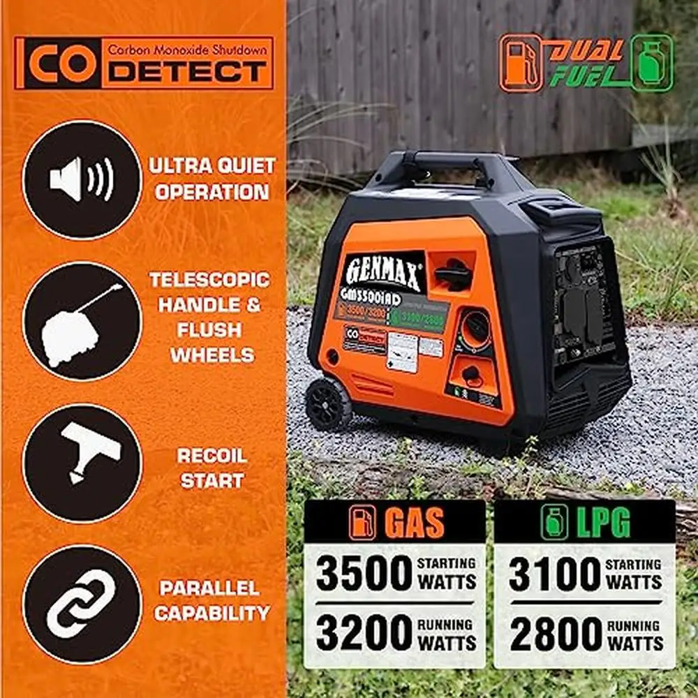 Portable Generator 3500W Super Quiet Gas or Propane Powered Engine with Parallel Capability Manual start，Ideal Camping Travel