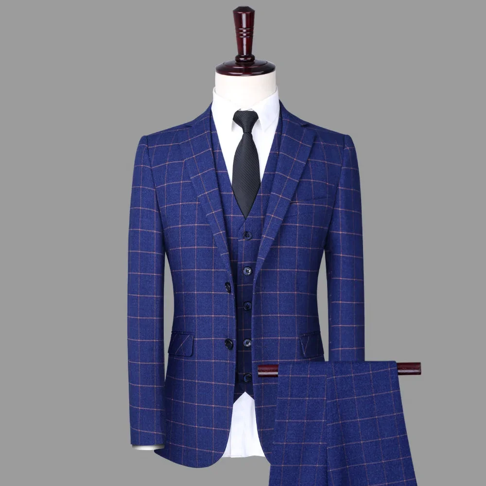 

New Arrival Plaid Suits for Men Chic Notch Lapel Single Breasted Checked Wear Smart Wedding Tuxedo 3 Piece (Blazer+Vest+Pants)