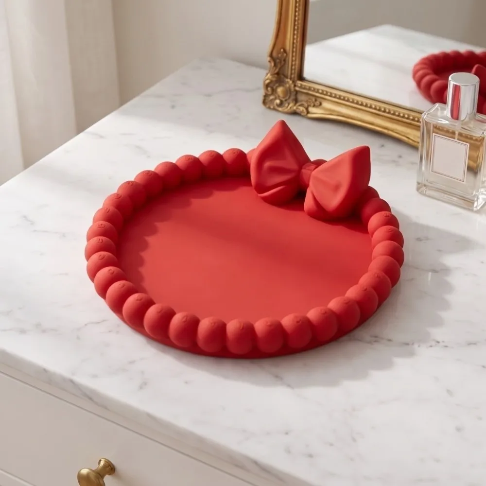 3D Printed Red Bow Jewelry Tray Home Storage Decorative Cute Round Desktop Organizer Vanity Decor Multi Functional Trinket Dish