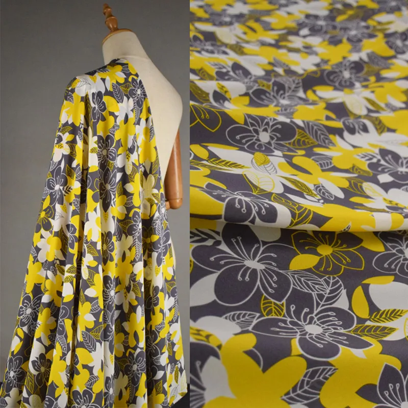 High Grade Elastic Chiffon Fabric for Dress, Grey Bottom with Yellow Big Flower, Lady's Garment, Sewing Tissue, T1953, Fashion