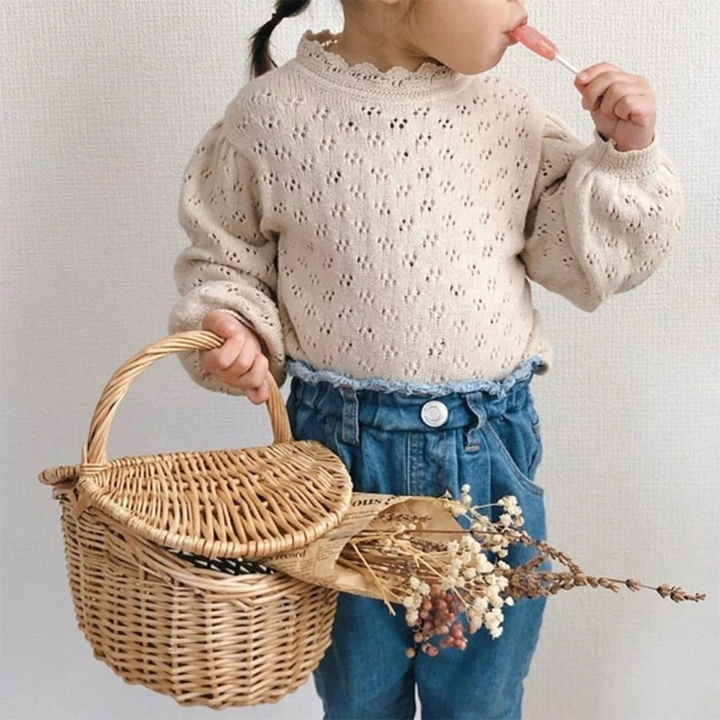 

Knitted Cotton Baby Girls Lace Hollowed Out Sweater Ruffle Lantern Long Sleeve Blouse Bottoming Shirt Cute Toddler Kids Pullover