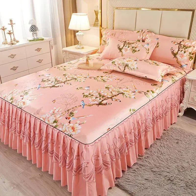 3Pcs/Lot Double Bed Sheet Set Classic Lace Royal Blue Bed Sheet Bed Skirt, Machine Washable Wedding Bedspread Mattress Cover