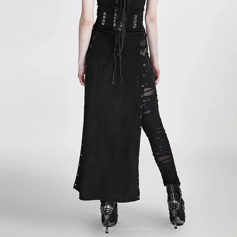 PUNK RAVE frauen Gothic Sexy Schwarz Röcke Punk Rock Copslay Bühne Persönlichkeit Hip Hop Streetwear Lange Hohe Taille Split rock