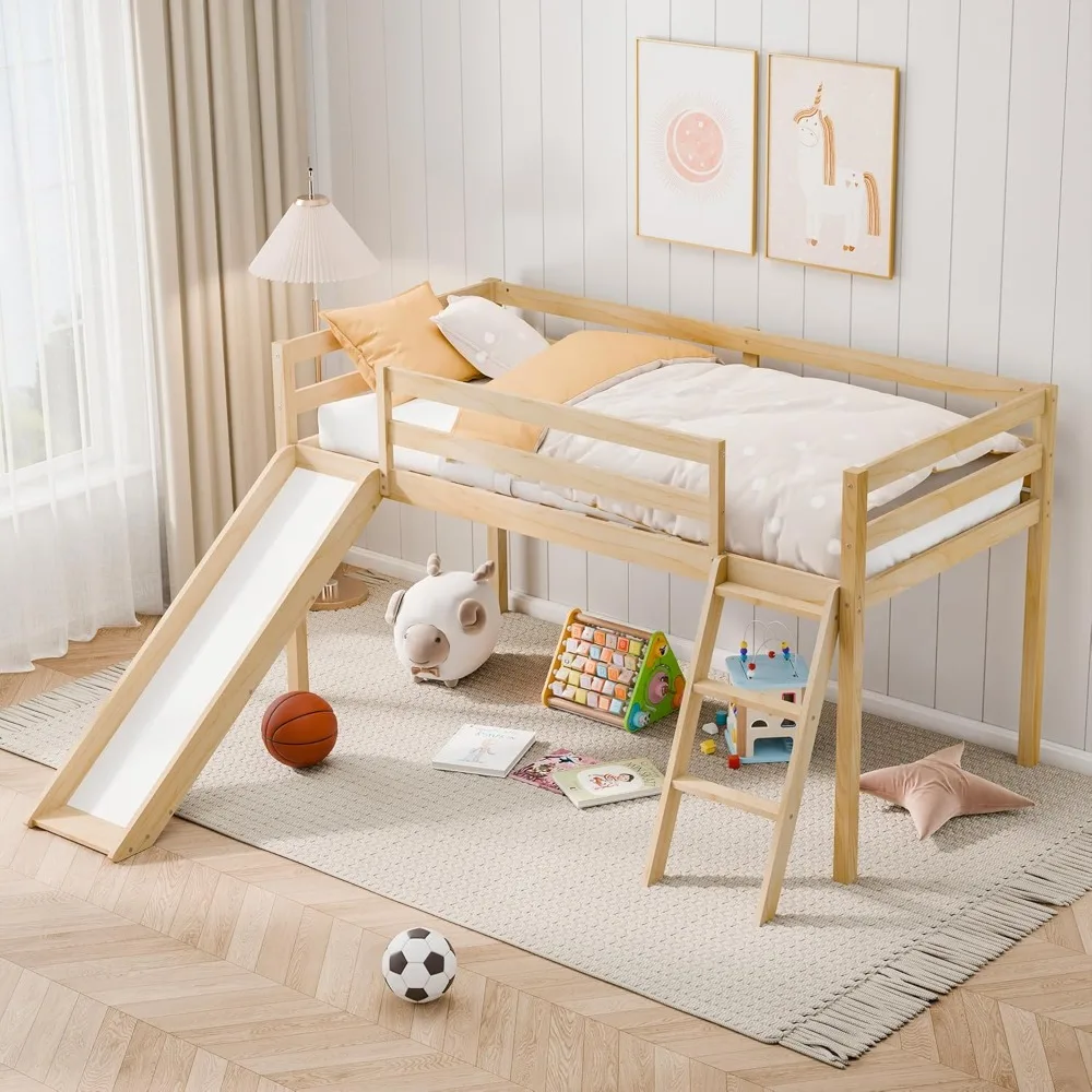 Twin Loft Bed with Slide and Ladder, Solid Pine Wood Bed Frame, with Storage Space, Low Height, Interchangeable Ladder & Slide