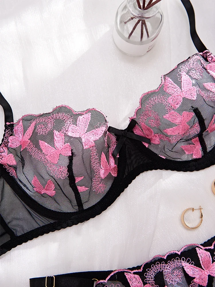Sexy Bras for Women Thin Lingerie Set Fancy Erotic Lingerie Transparent Mesh Underwear Delicate Embroidery Bra and Underwear Set