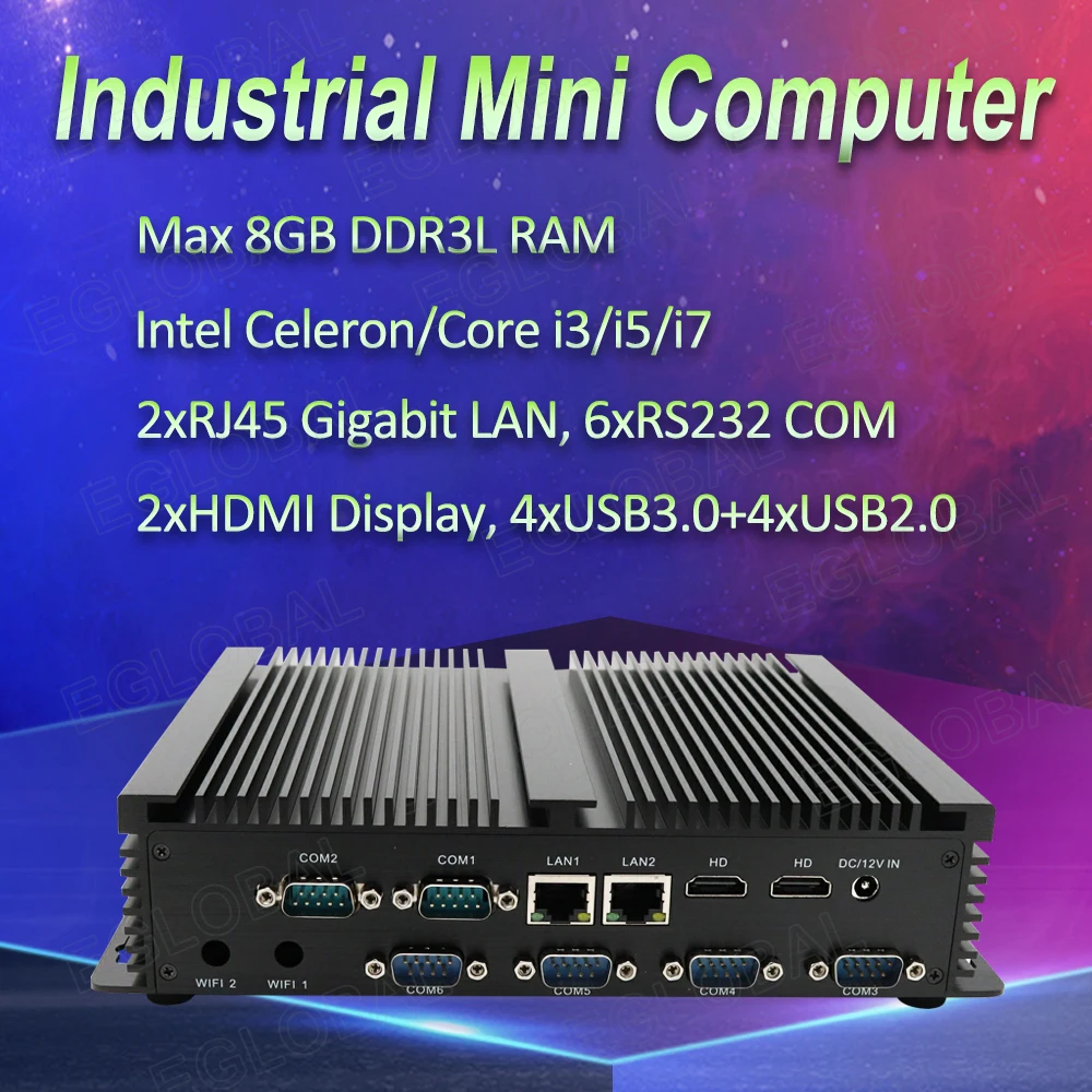 EGLOBAL Mini Industrial PC Fanless Core i7 i5 4200U Celeron 2955U HD WiFi 6*RS232 RS485 Windows 10 Computer Linux Dual LAN 6*COM