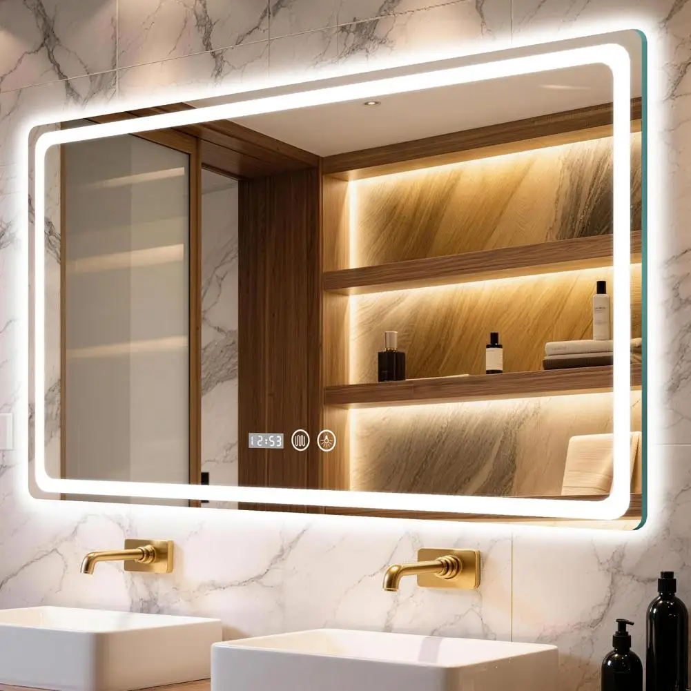 Wall-Mounted LED Bathroom Mirror with Anti-Fog Touch Control 70cm Smart Vanity Mirror Time Display 3-Color Dimmable Lighting