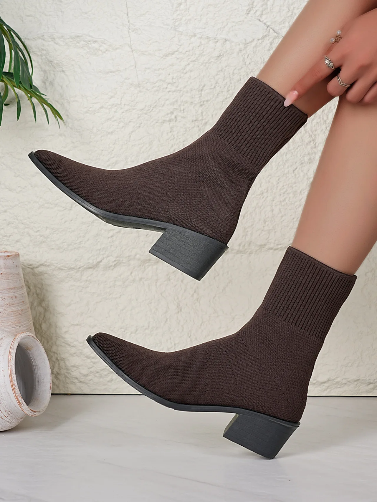 Sexy Spitzschuh, dicker Absatz, Sockenstiefel für Damen, 2025, Winter, bunt, elastisch, gestrickt, Designer-Stiefeletten, kurze Stiefeletten für Damen – Detail 6
