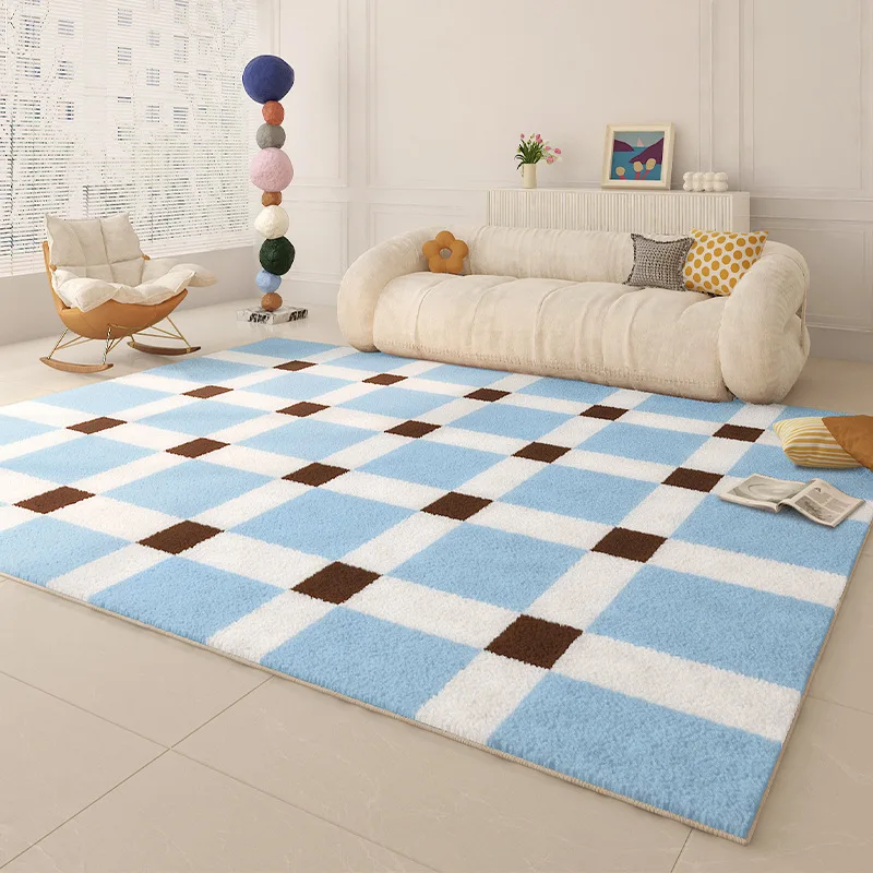 Checkered Solid Color Dopamine Area Rug Stain Resistant Easy Clean Living Room Decor Carpet Non Slip Washable Base Bedroom Mat
