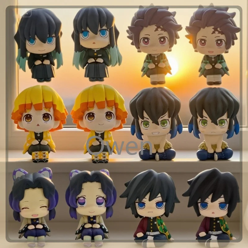 Inosuke Tanjiro Shinobu Giyu Zenitsu Muichiro Chibi Sitting Figure Demon Slayer Kimetsu No Yaiba PVC Anime Model Cute Toys Gifts