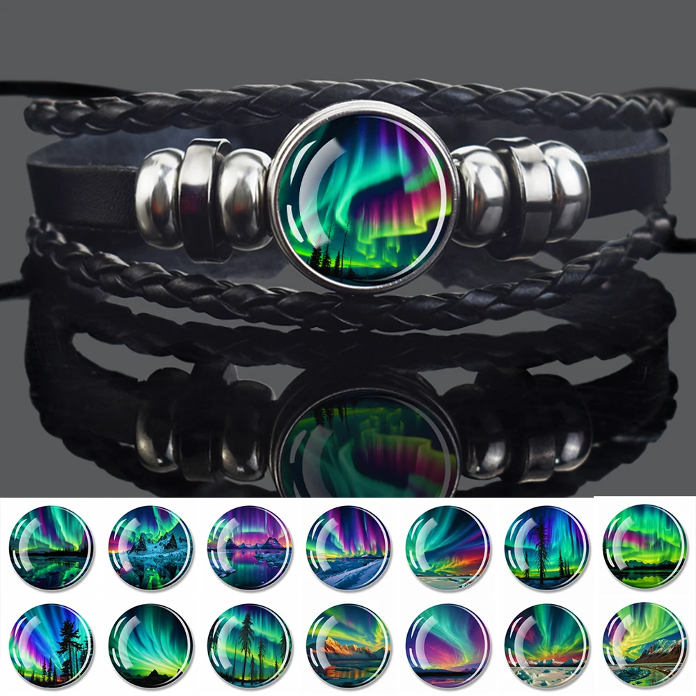 New Northern Lights Bracelet Polar Aurora Borealis Glass Dome Leather Weave Bracelets for Women Men Astronomical Bangles Jewelry