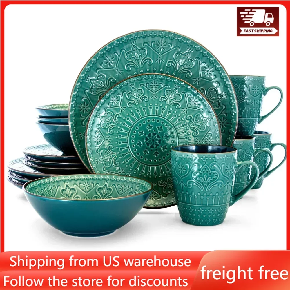 

Dinner Plate Set Free Shipping 16 Piece Round Stoneware Dinnerware Set in Sea Green Restaurant Plates Ceramic Dishes to Eat Dish