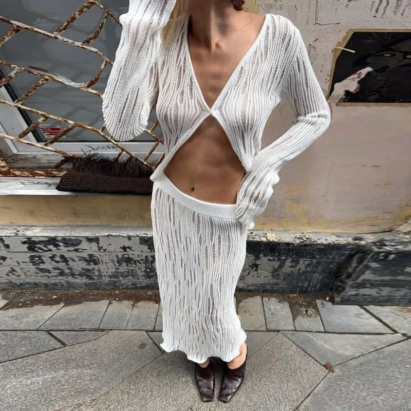 

Tuularose Women's Knitted Dress Set Sexy Hollow Out V-neck Top Fitted Maxi Skirts Set Autumn Vacation Elegant Casual Dress Set