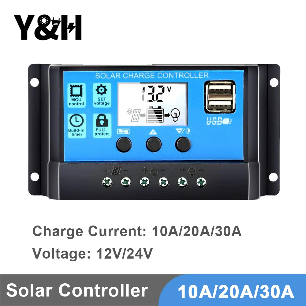 Y&H Solar Charge Controller 12V/24V PWM 10A 20A 30A Adjustable with LCD Display Timer Setting Dual USB 5V Output