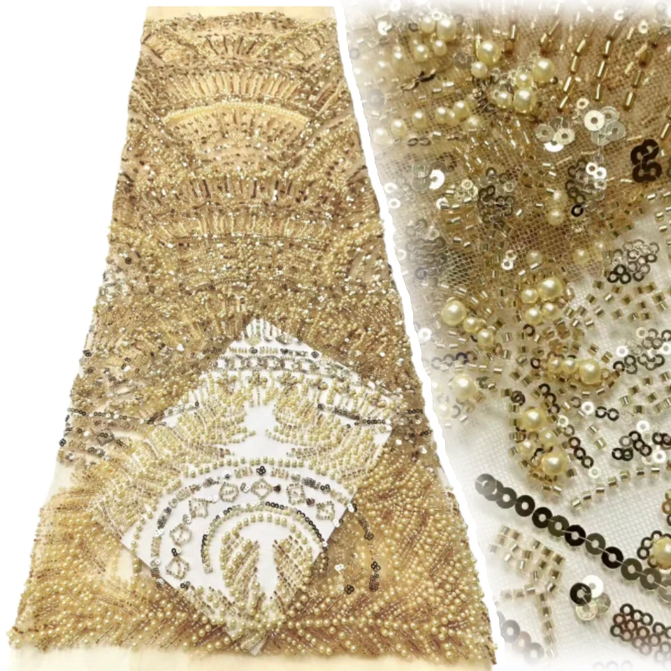 

Gold Beaded Lace Fabric African Tulle Lace Fabric 2025 French Embroidery Lace Fabric for Wedding Party Sewing Material SZ1732