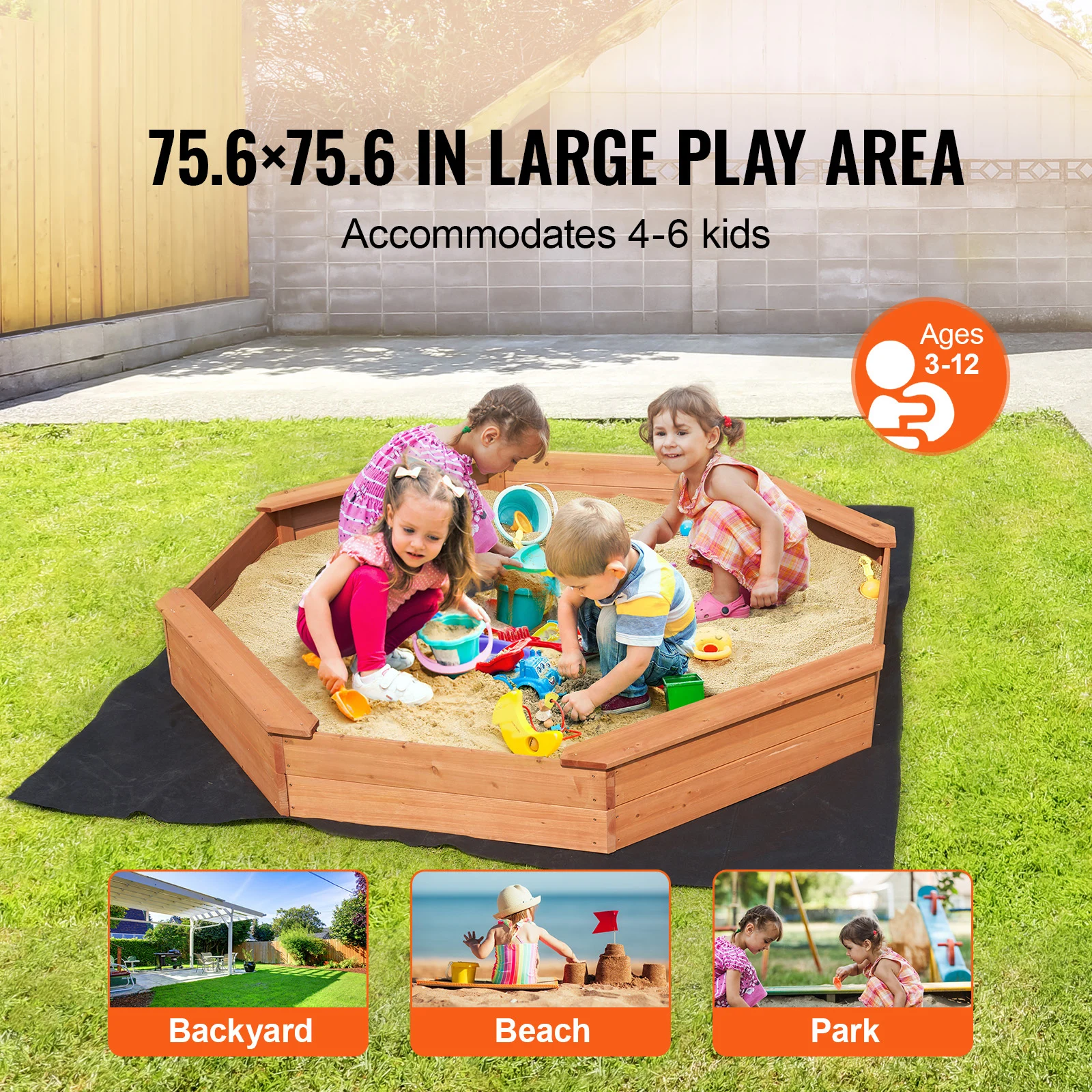 Wooden Sandbox with Cover, 75.6 x 75.6 x 9.1 in Octagonal Sand Box, Sand Pit with 4 Seating and Bottom Liner, Gift for Boys Girls Ages 3-12, Kids Sandbox for Outdoor Backyard, Beach, Park