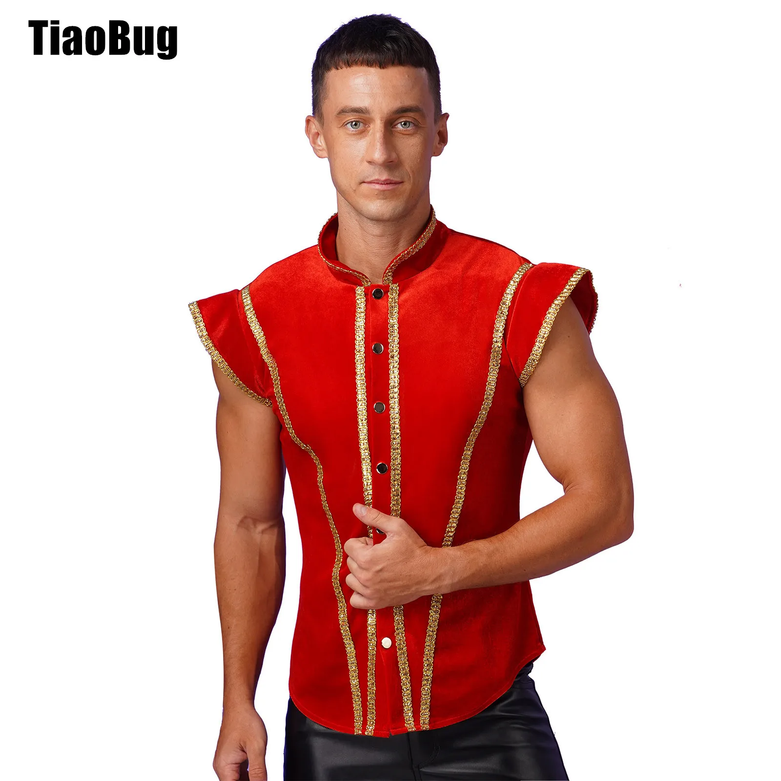 

Mens Medieval Steampunk Vest Halloween Waistcoat Stand Collar Fly Sleeve Buttons Gold Trims Velvet Shirt Vest Circus Costumes