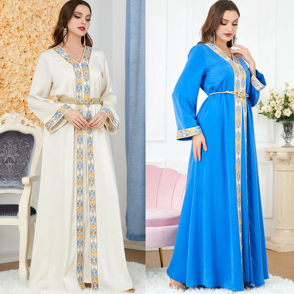 

Женская Абая, с вышивкой, с цветочным узором, кружевная лента, Дубай, Турция, комплект из 2 предметов