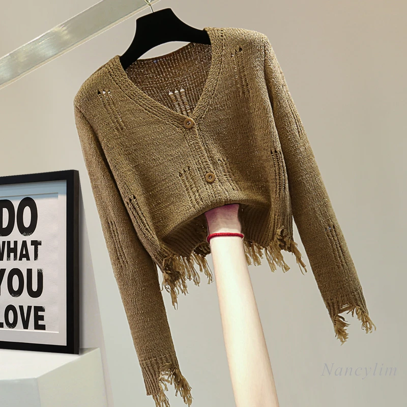 Tassel Ripped Long-sleeved Knitted Cardigan Woman 2024 Autumn High-waisted Short Solid Color V-neck Coffee Color Sweater Coat