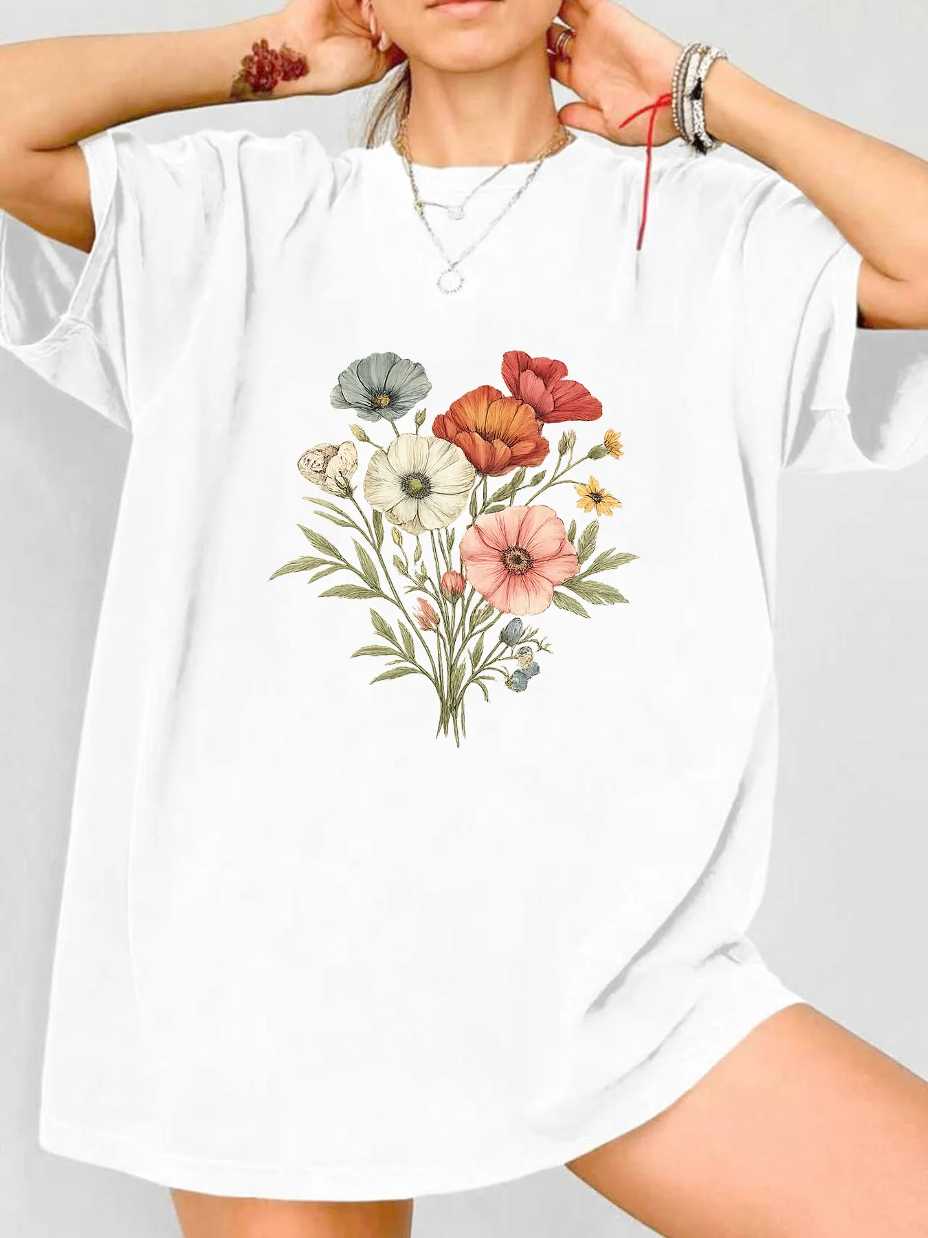 

【WDS0020】Plus size women's round neck short sleeve T-shirt with elastic half sleeves and trendy prints