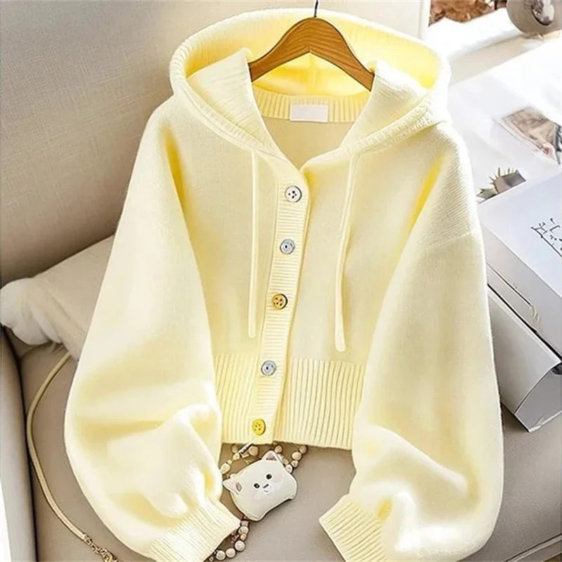 AutumnWinter New Bright Yellow V-neck Knitted Sweater Hooded Sweater Women's Loose Chic Sweater Lady Korean Top Casual Outwear