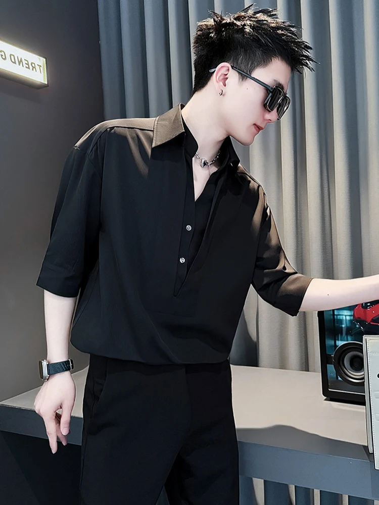 

Мужская летняя повседневная футболка из ледяного шелка с V-образным вырезом, дышащая, свободного кроя, стандартной длины, с рукавом до локтя