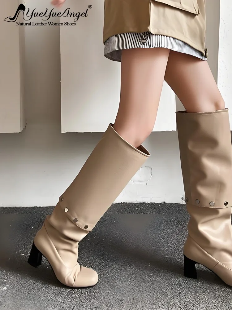 Casual Style Genuine Leather Chunky Heels High Boots Solid Color Sheepskin Round Toe Ladies Slip On Height Increase Footwear