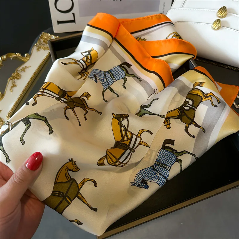 2024 Spring/Summer Breathable Horse Print Neckerchief Fashion 70cm Square Scarf Women’s Temperamental Imitation Silk Bandannas