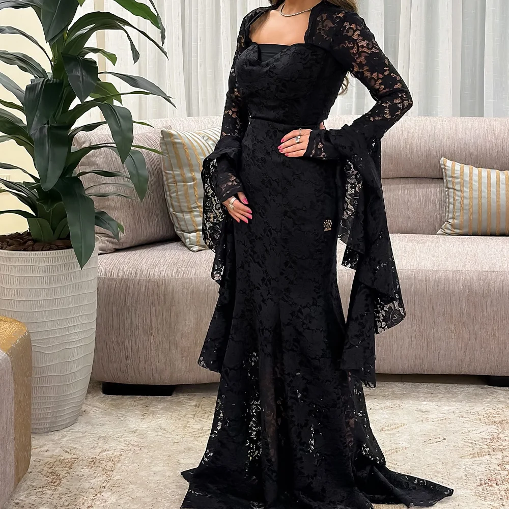 

Long Sleeves Flare sleeves Lace Square Neck Floor Length Straight Evening Dress Sweep Train Graceful Photo Color Prom Dress