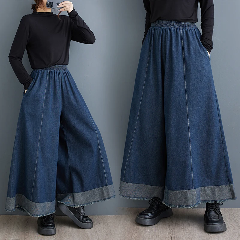 

Summer Autumn New Sle Color Blo Frayed Hem Wide Leg Jeans Loose Casual Women's Faion plus Size Elastic Waist Pants