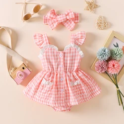 LAPA 0-18M Infant Sweet Rompers Baby Girls Pink Plaid Lace Triangle Dress+Headband 2pcs Summer Daily Wear Toddler Lovely Dress