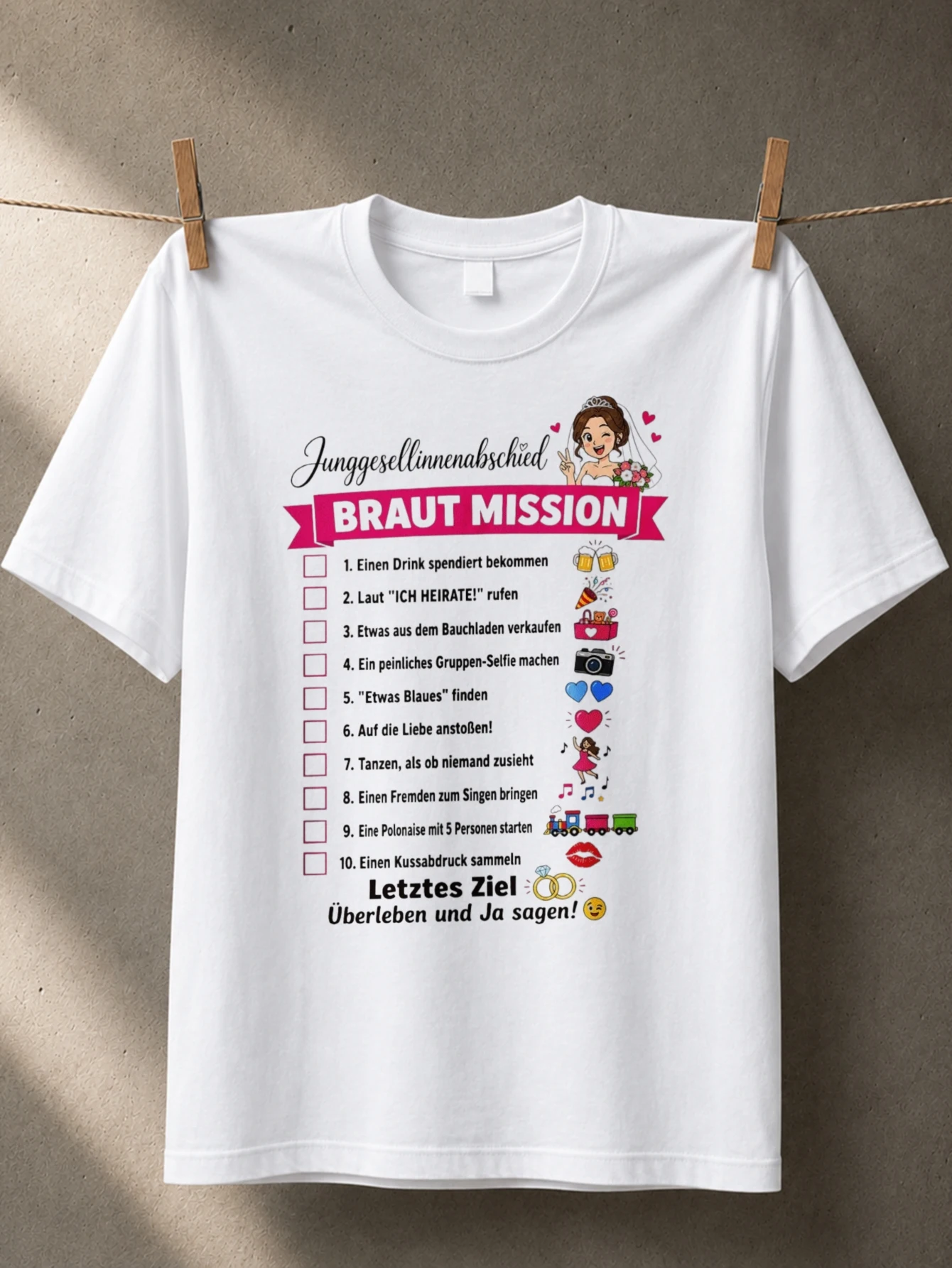 Braut Mission Bachelorette Checklist German task list bride cartoon pink banner rings and playful  Unisex All T-Shirt