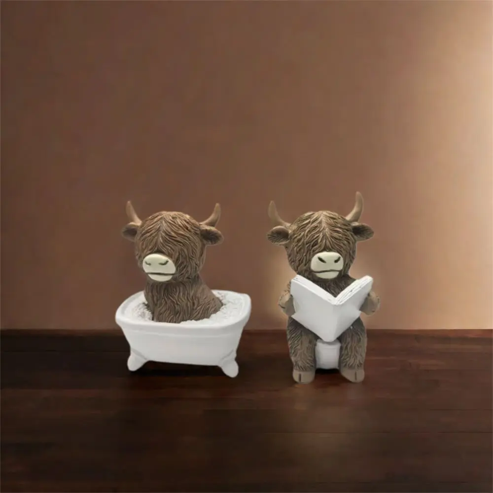 Crafts Resin Highland Cow Statue Decorative Realistic Cow Mini Figurine Cute Animal Sculpture Ornament Micro Landscape Model