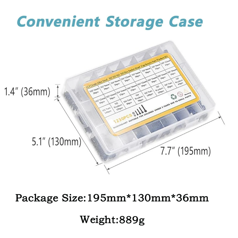 1230pcs M2 M3 M4 M5 Screws Nuts and Flat Washers Grade 12.9 Alloy Steel Hex Socket Head Cap Bolts and Nuts Kit Black Anti Rust