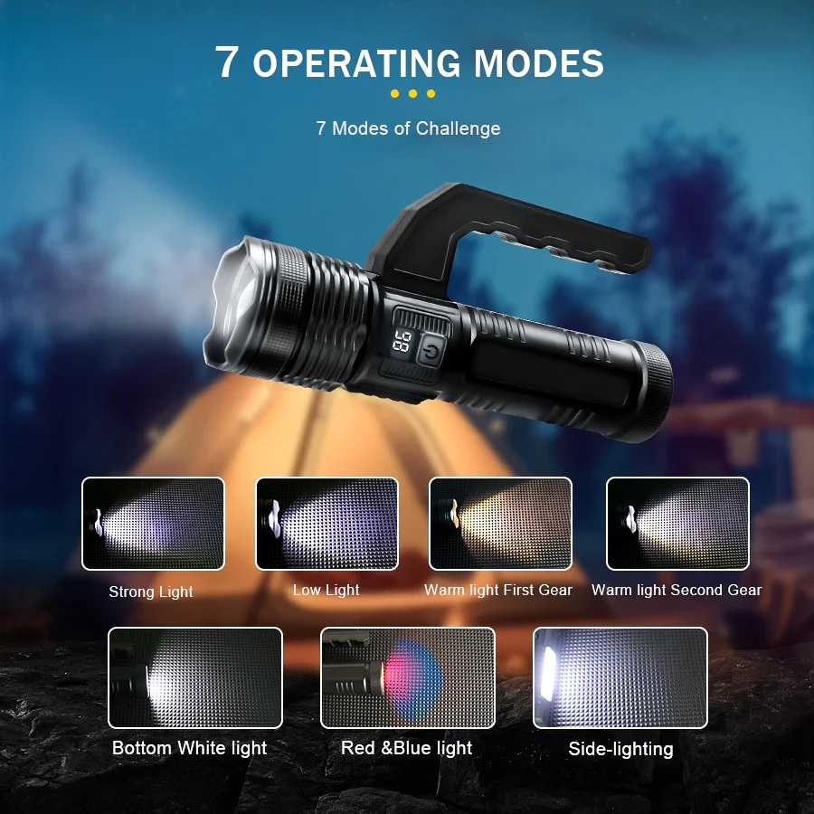 XHP120 Ultra Bright Flashlight 7 Modes,Multifunctional Searchlight Zoom Torch With COB Sidelight Outdoor Camping Portable Lamp