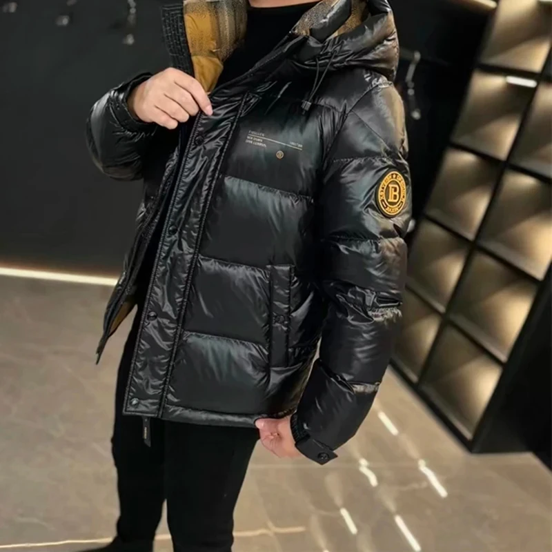 High-End Quilted Glossy Hooded down Jacket Men's Short Style European Luxury White Duck Feather Warm Outerwear Thickened