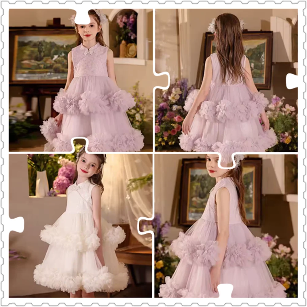 

Simple Shiny Pink Flower Girl Dress Sequined Princess Kids Arab Wedding Birthday Performance Party Prom Gown