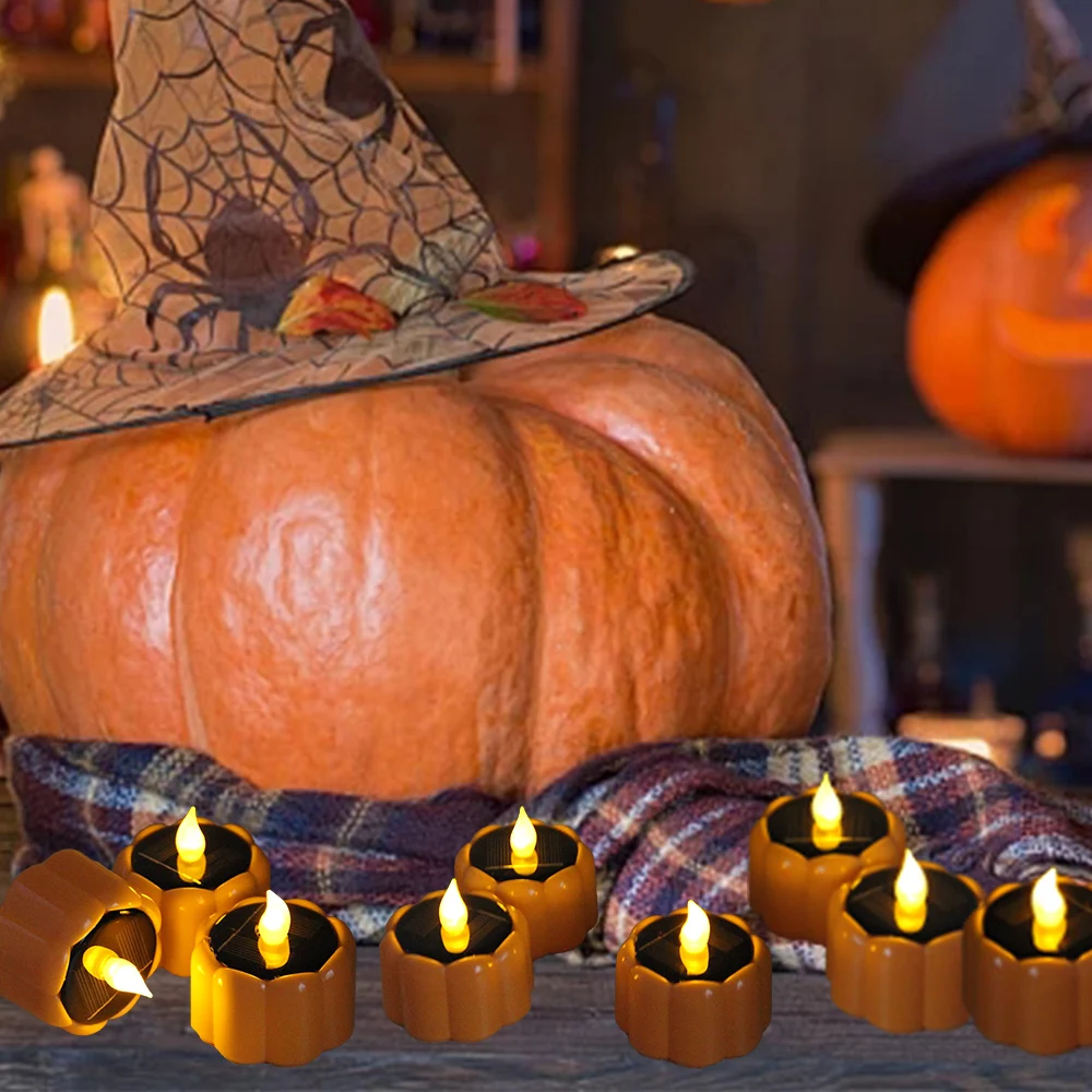 اليقطين الشمسية الشاي ضوء LED ضوء شمعة في الهواء الطلق مقاوم للماء الطاقة الإلكترونية الخفقان مصباح للطاقة الشمسية حديقة هالوين ديكور المنزل #4