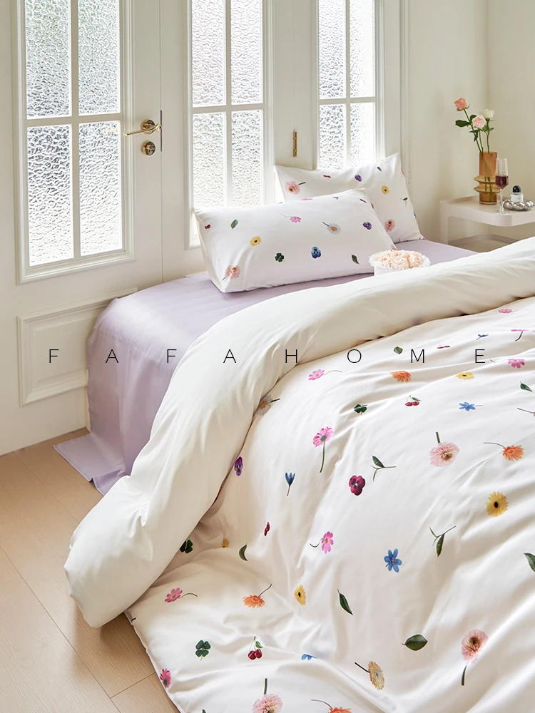 

Fafahome Pure Cotton Long Staple Fiber Gown Sateen Bedding Set Four-Piece Floral Print Youthful Light Luxury Sensation