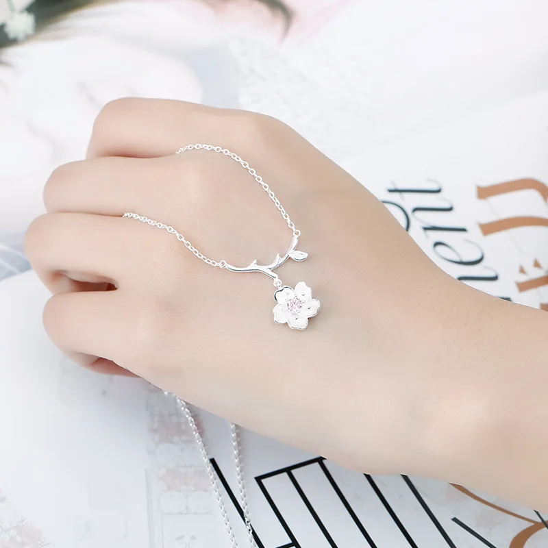 925 Sterling Silver Jewelry Sets Romantic Cherry Blossoms Flower Necklace+Earrings+Ring+Bracelet For Women