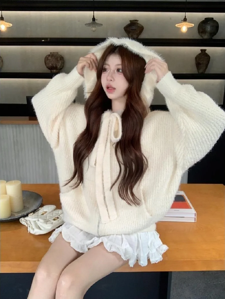 

Hooded Knitted Cardigan Jacket Women Autumn Winter New Loose Slim Niche Design Sweater Long-sleeved Top