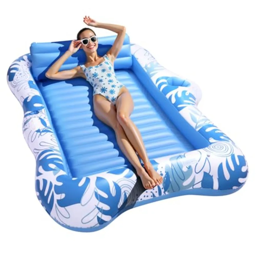 

Inflatable Tanning Pool Lounger Float for 2 Person Extra Large Floating Lounge Chair with Cup Holders 2-in-1 Sunbathing Raft an